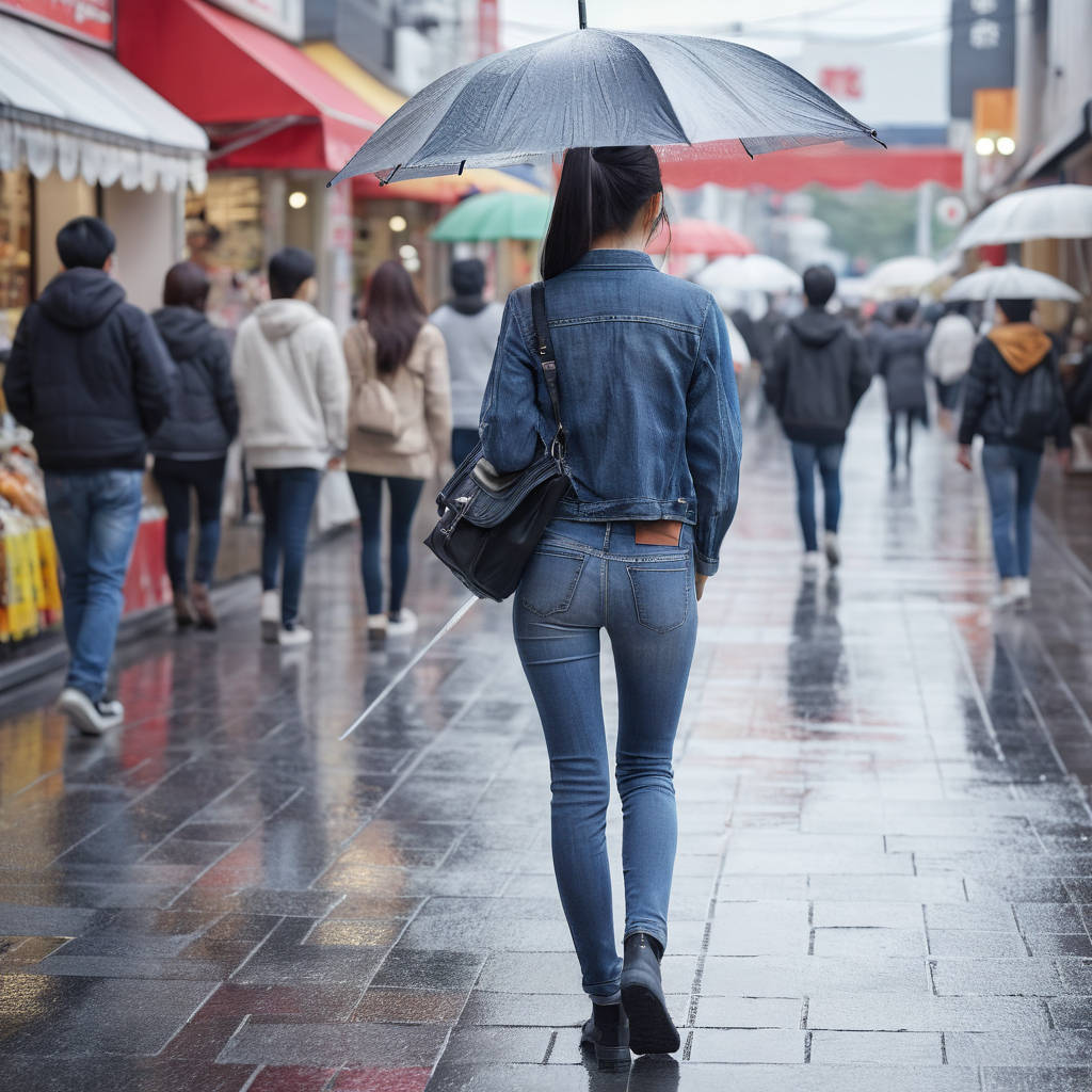 雨の中タイトジーンズで歩く女性の後ろ姿街撮り画像13枚目