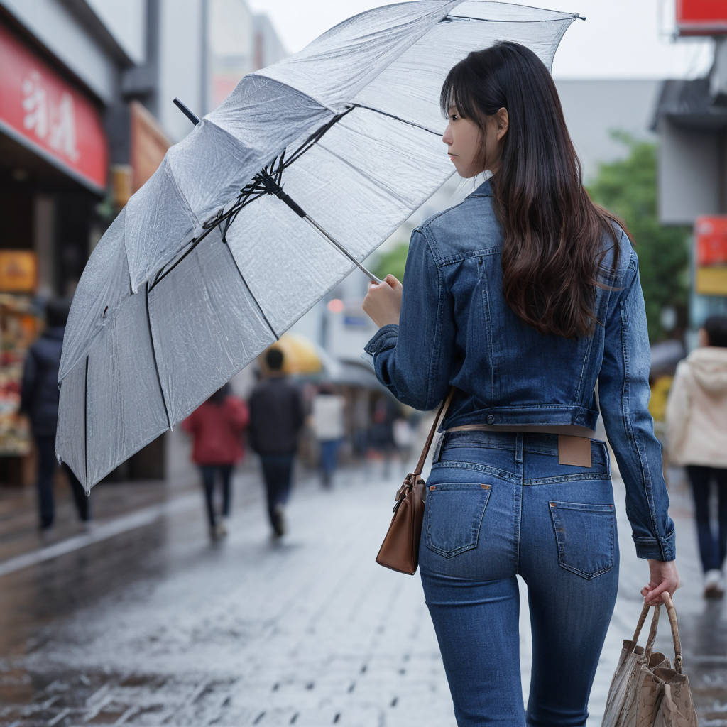 雨の中タイトジーンズで歩く女性の後ろ姿街撮り画像10枚目