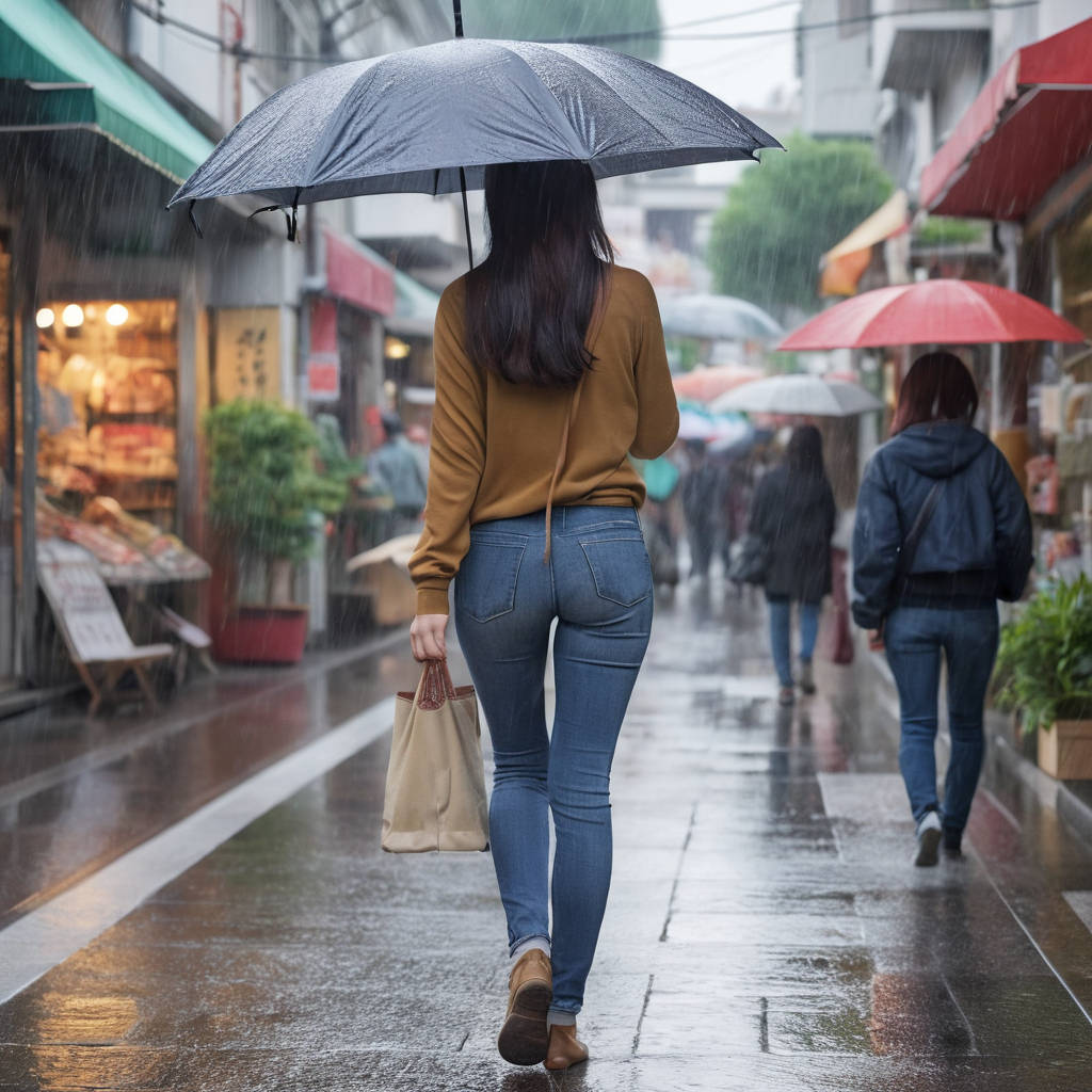 雨の中タイトジーンズで歩く女性の後ろ姿街撮り画像9枚目