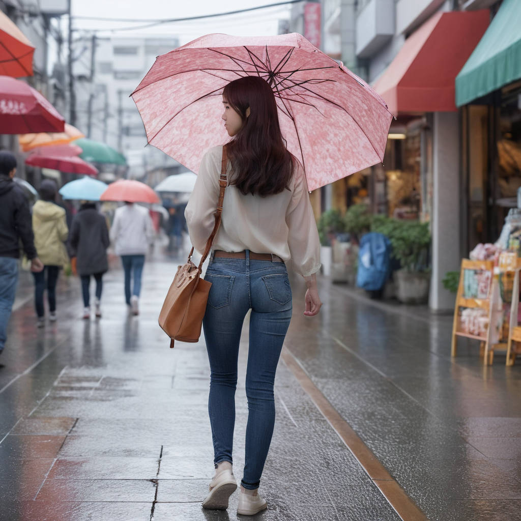 雨の中タイトジーンズで歩く女性の後ろ姿街撮り画像8枚目