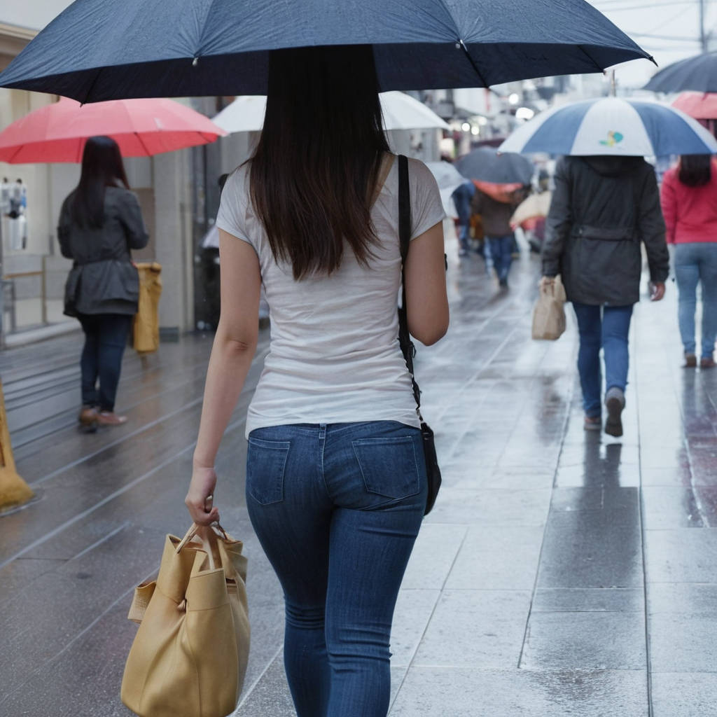 雨の中タイトジーンズで歩く女性の後ろ姿街撮り画像7枚目