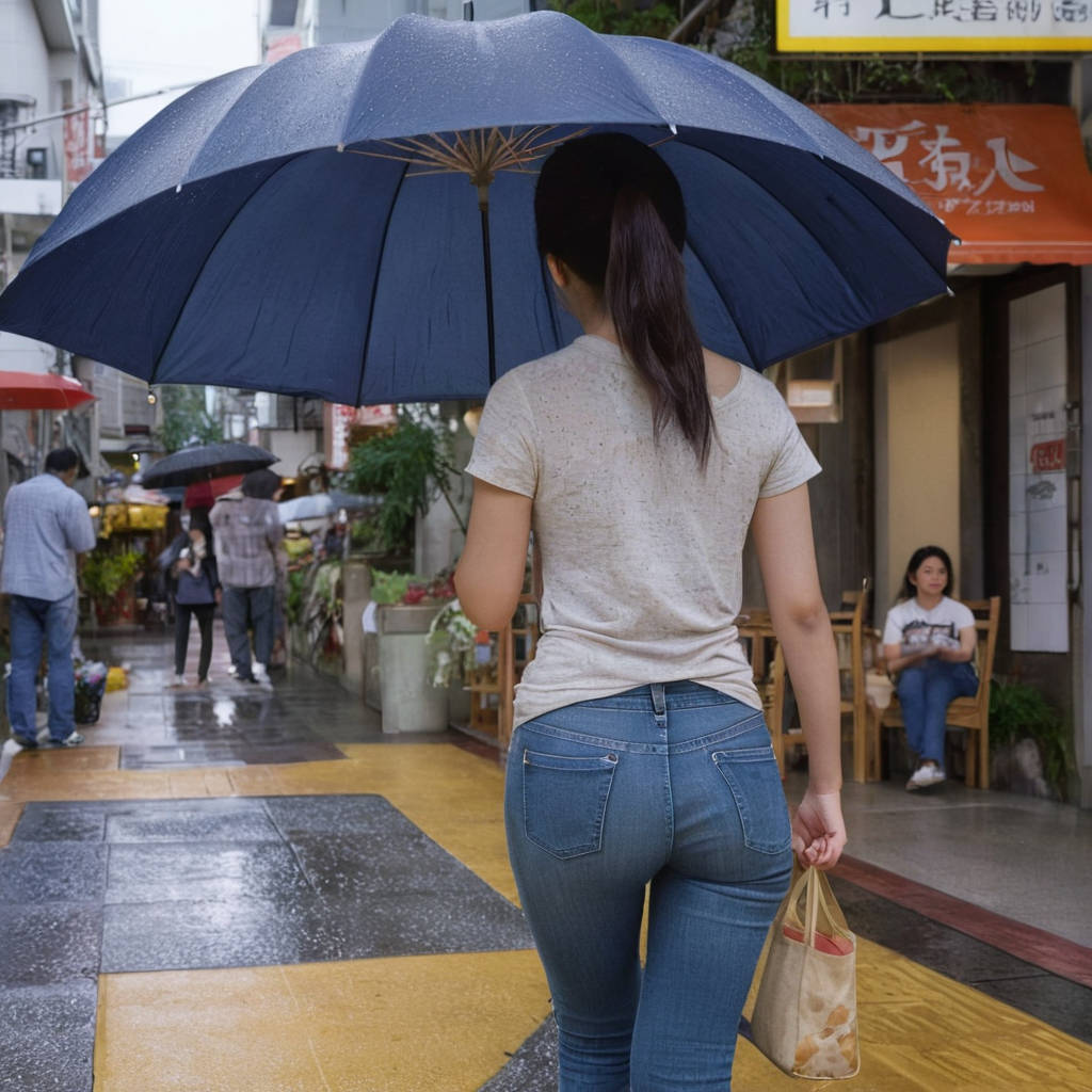 雨の中タイトジーンズで歩く女性の後ろ姿街撮り画像6枚目