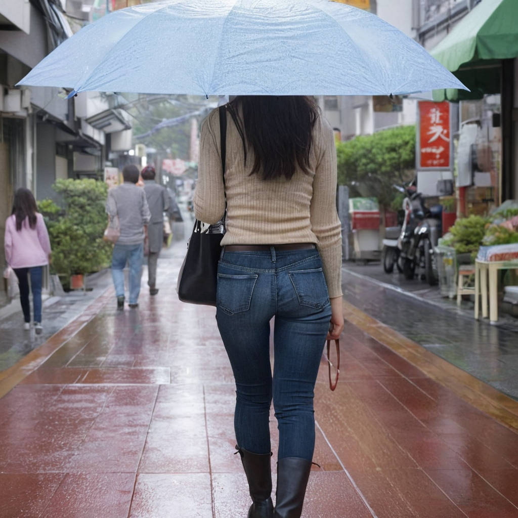 雨の中タイトジーンズで歩く女性の後ろ姿街撮り画像5枚目