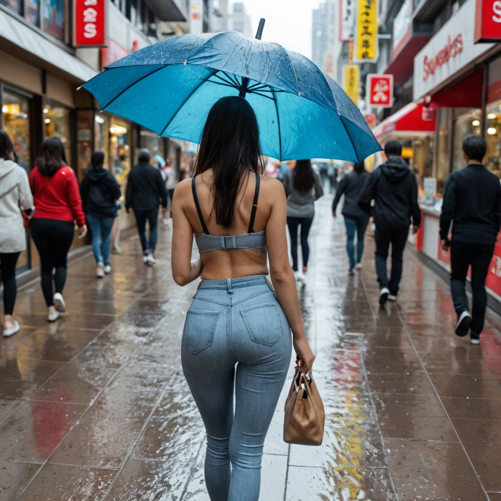 雨の中タイトジーンズで歩く女性の後ろ姿街撮り画像4枚目
