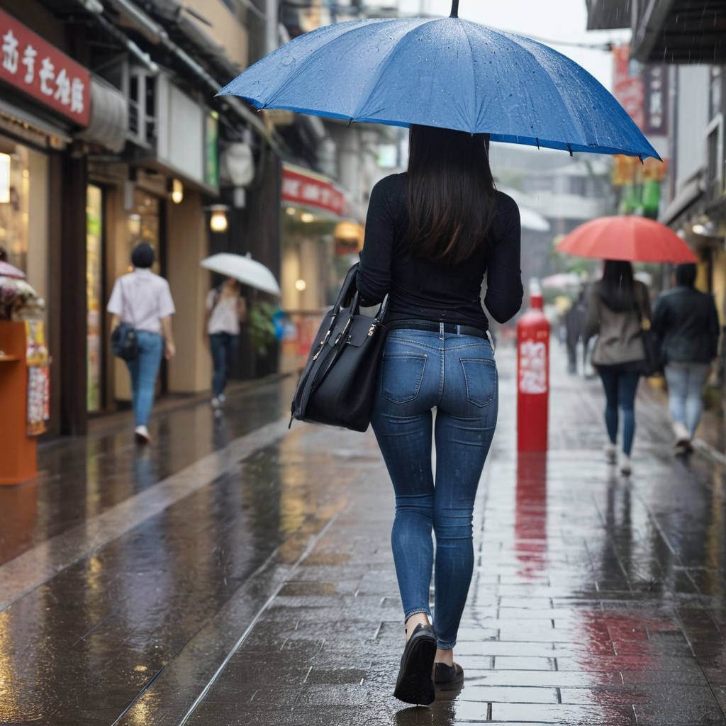 雨の中タイトジーンズで歩く女性の後ろ姿街撮り画像2枚目