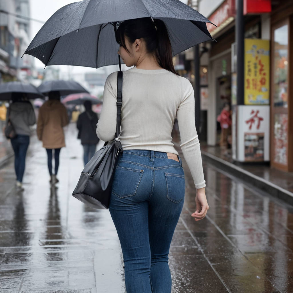 雨の中タイトジーンズで歩く女性の後ろ姿街撮り画像1枚目